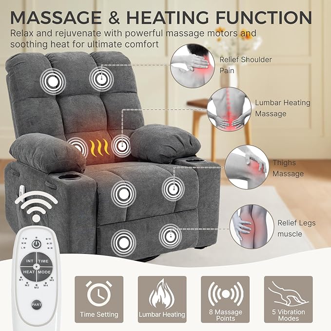 Massage Rocker Recliner Chair with Heat Oversized 360° Swivel Glider Manual Comfy Overstuffed Single Sofa with Cup Holders Side Pocket for Bedroom Living Room (Dark Gray)