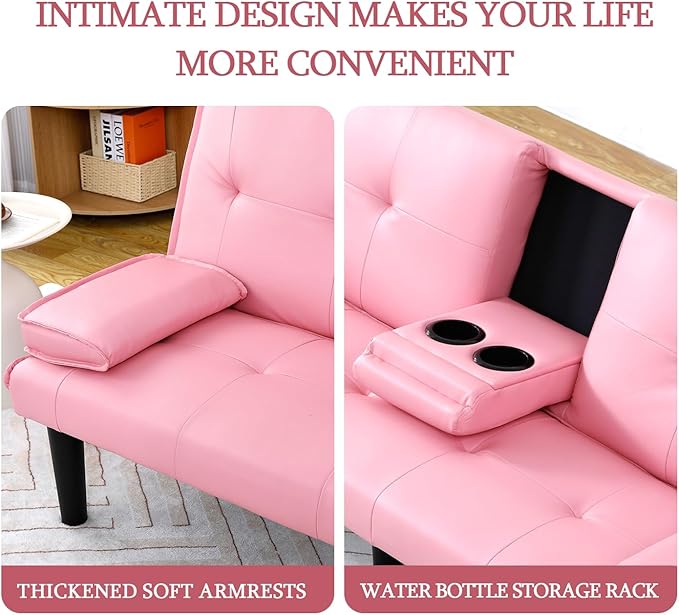 Convertible Folding Futon Sofa Bed with Metal Legs &amp 2 Cupholders Modern New Upholstered Couch Loveseat Sleeper Folding Couches Bed Removable Armrests for Small Spaces (Pink)