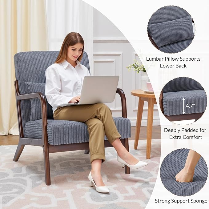 Rovibek Striped Accent Chair for Bedroom - Modern Accent Chairs with Lumbar Pillow Comfortable Reading Chair with 4.7in Thick Cushions Small Living Room Chairs for Small Spaces