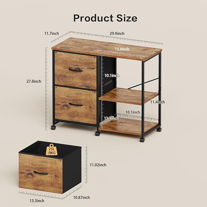 2-Drawer Fabric Lateral File Cabinet with Wheels Rolling Printer Stand with Open Storage Shelf for Home Office Rustic Brown