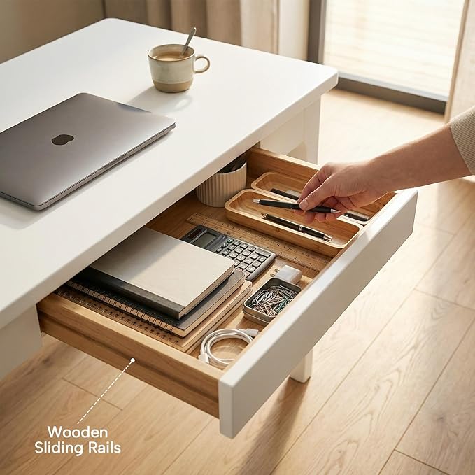 31 Minimalist Solid Rubberwood Desk with Metal Glide Drawers True White - Extra Deep 24 Makeup Vanity &amp Writing Table