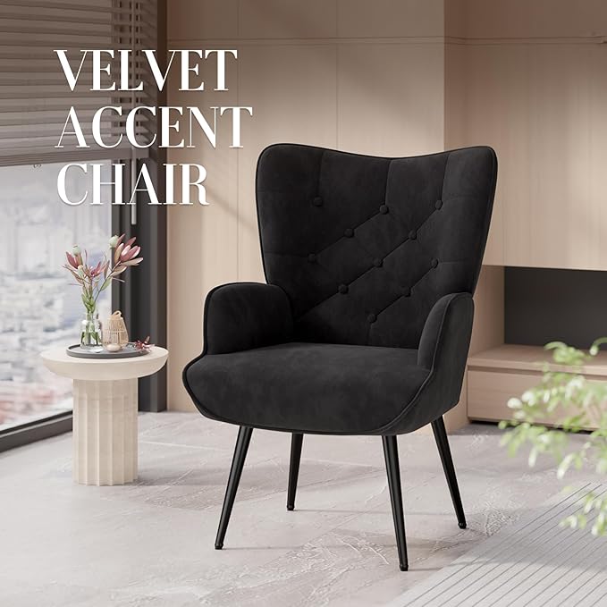 Nalupatio Mid Century Modern Accent Chair Velvet Upholstered Armchair with Metal Legs Tufted Button Wingback Side Chair High Back Reading Chair for Living Room Bedroom Black