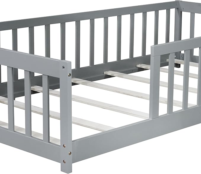 Bellemave Twin Floor Bed with Slats and Guardrails Wood Montessori Floor Beds with Fence Easy Assemble Floor Bed for Kids Girls Boys Gary