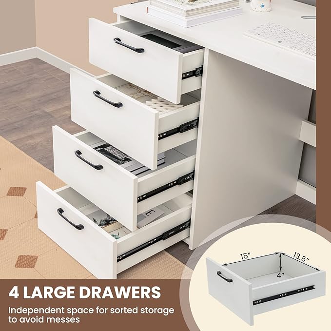 Giantex White Computer Desk with 4 Large Drawers Home Office Laptop PC Desk Writing Table Modern Computer Workstation for Bedroom Study Room