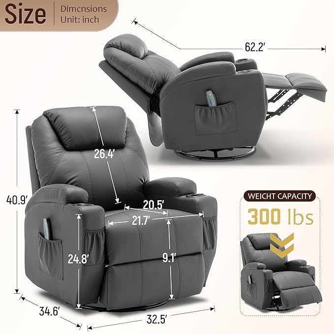Recliner Chair Rocking Chair with Massage and Heat 360° Swivel Recliner Chairs for Adults Rocker Manual Recliner with Remote Control and Cup Holder for Living Room Bedroom Nursery