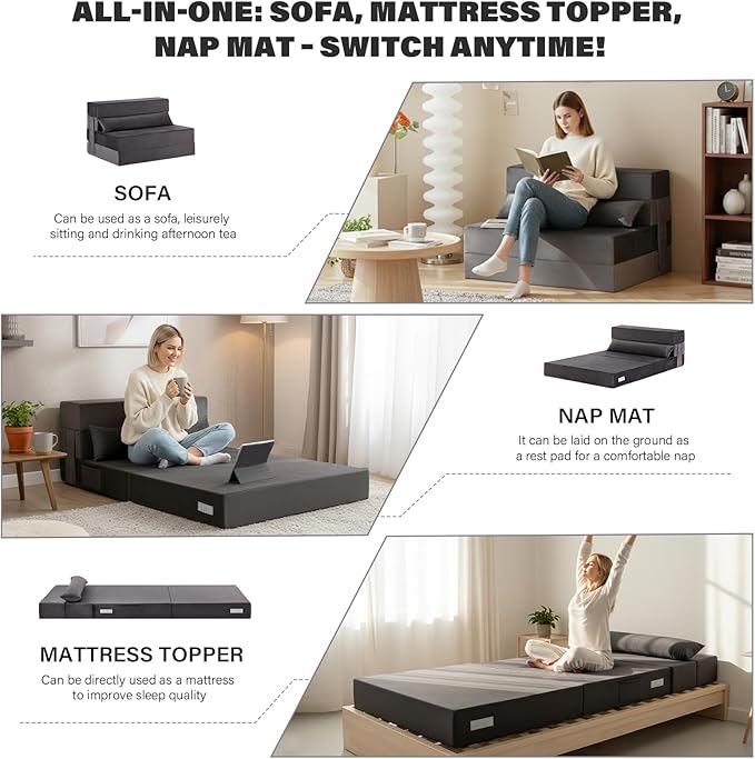 Tiita Folding Sofa Bed Couch Twin Size Foldable Futon Chair with Pillow Folding Sleeper Sofa Chair Bed Floor Mattress for Guest Room Living Room Dark Grey