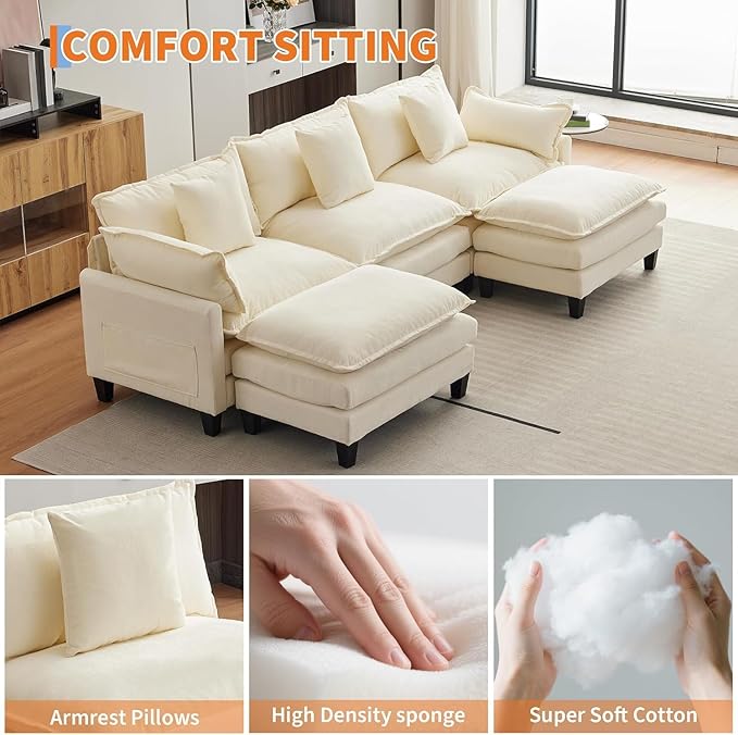 112 Modular Sectional Sofa U-Shape Cloud Couch/Deep Seat/Armrest/Plush Corduroy Fabric No Assembly Required Space-Saving 200 Pounds Chenille Combo Set with 2 Footstool for Living Room