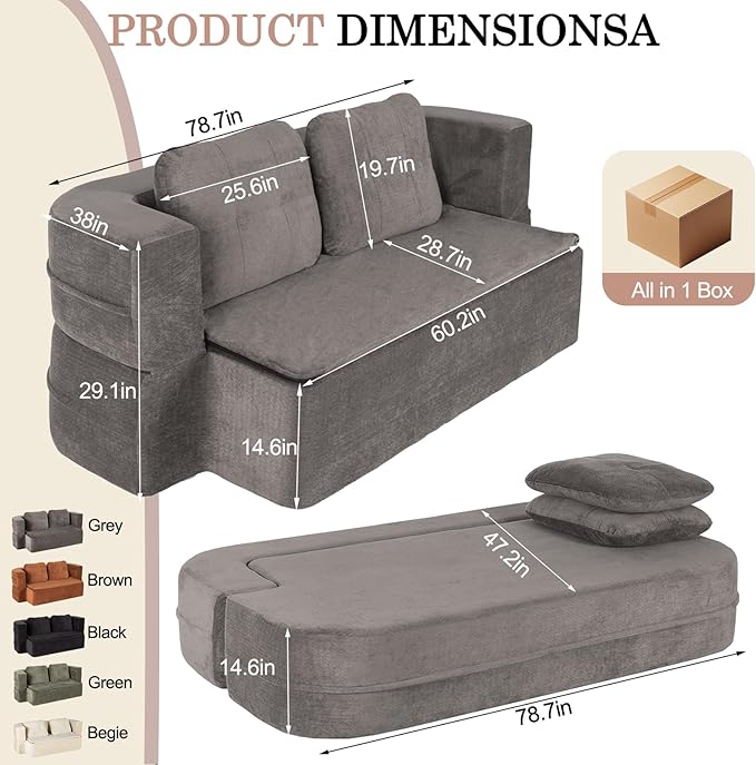 Folding Sofa Bed 78.7 Extra-Long Convertible Sofa Bed with 2 Pillows &amp Blanket 14.6 Thick High-Density Foam Boneless Couch for Bedroom Living Room Apartment Grey