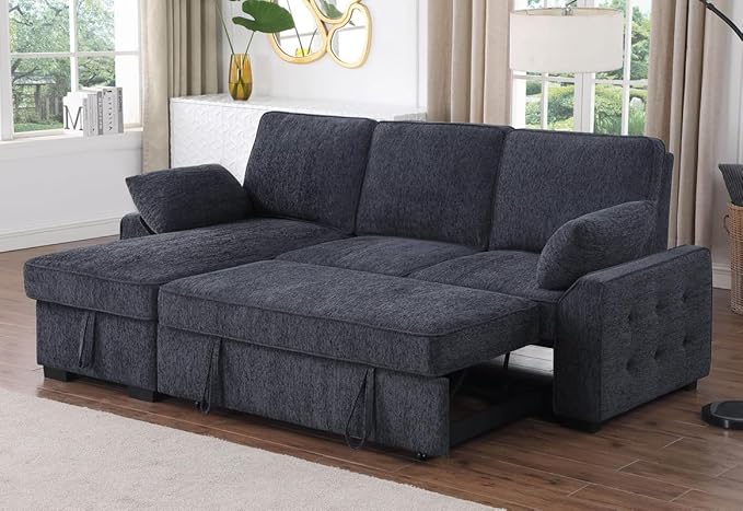 Lilola Home Mackenzie 91-inch Chenille Fabric Reversible Sleeper Sectional Sofa with Storage Chaise Drop-Down Table Cup Holders &amp USB/USB-C Charging Ports Easy Assembly Living Room — Charcoal