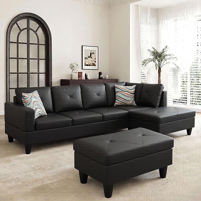 Sectional Couches for Living Room Furniture Sets 4 Seat L Shaped Couches with Ottoman Modular Sectional Sofa for Apartment Furniture Sets Black