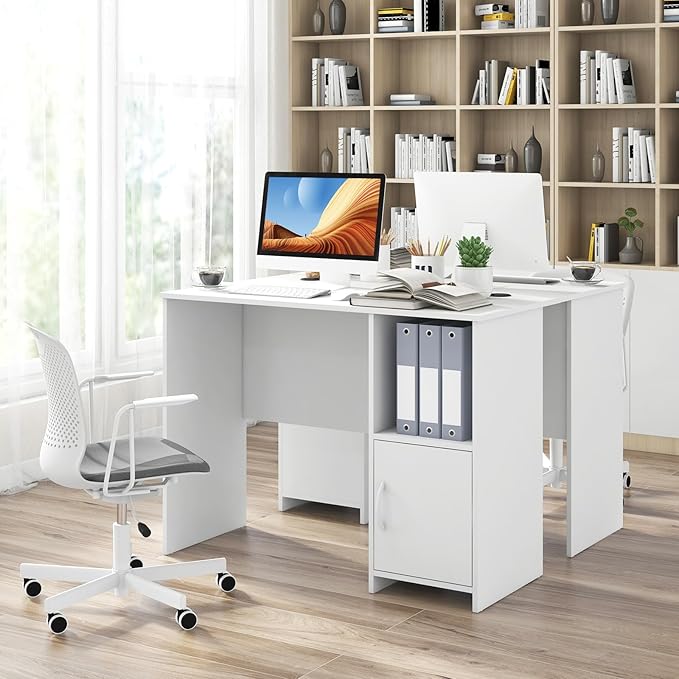 Giantex Small Computer Desk White Desk with Storage Cabinet &amp Shelf Compact PC Laptop Table Workstation Makeup Vanity Table Modern Study Writing Desk for Small Space Bedroom Home Office