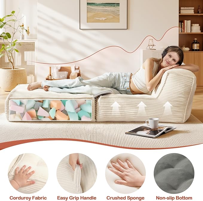 Folding Sofa Bed 5-in-1 Convertible Sleeper Reading Chair Corduroy Futon Sofa Bed Foldable Mattress with Back Support Portable Fold Out Chair Bed Comfy Floor Lounge for Living Room Bedroom