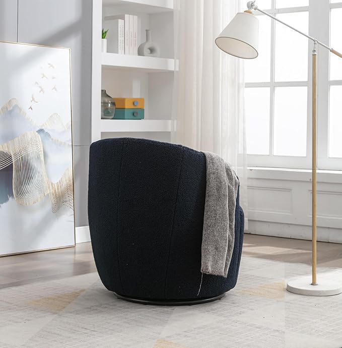 Swivel Barrel Accent Chair Modern Teddy Upholstered 360° Swivel Chair Leisure Chair Single Sofa for Adults Teens for Living Room Hotel Bedroom Office Coffee Shop (Dark-Blue + Upholstered + Foam)