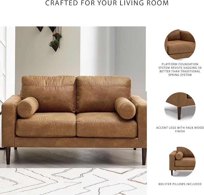 Signature Design by Ashley Telora Modern Faux Leather Loveseat with 2 Bolster Pillows Dark Brown