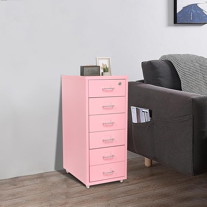 6 Drawer Filing Cabinets with Lock Metal Vertical File Storage CabinetMoblie Office File Cabinet with WheelsRolling Metal Filing Storage CabinetsLocking File Cabinet for for Home Office (Pink)