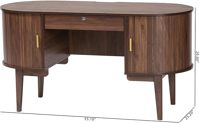 Baxton Studio Hayes Wood Writing Desk - Mid-Century Modern Oval Desk with Locking Drawer and Sliding Tambour Doors for Office or Home