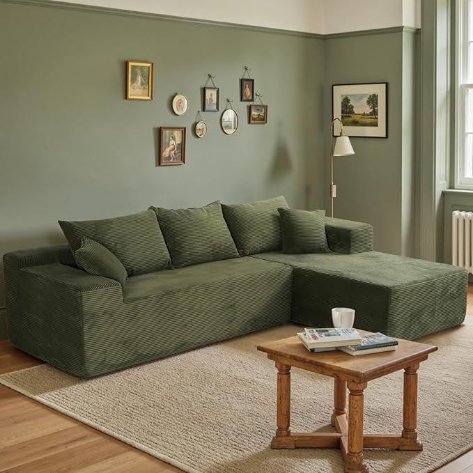 103 L Shaped Sectional Boneless Couch for Living Room Modern Modular Cloud Sofa with Right Facing Chaise Comfy Deep Seat Memory Foam Couch in Box No Assembly (1CM Wide Striped Corduroy Green)