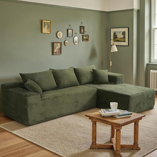 103 L Shaped Sectional Boneless Couch for Living Room Modern Modular Cloud Sofa with Right Facing Chaise Comfy Deep Seat Memory Foam Couch in Box No Assembly (1CM Wide Striped Corduroy Green)