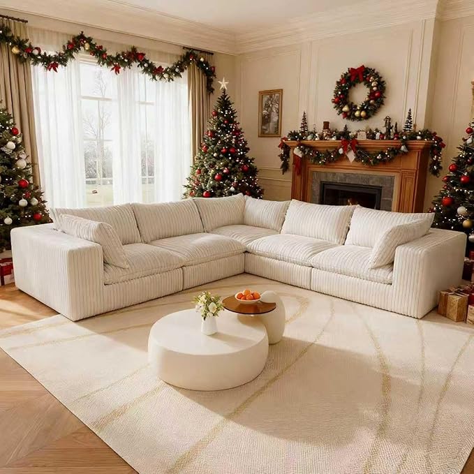 118.2 Modern V Shaped Corner Sofa Comfy Modular Sectional Cloud Couch with Plush Corduroy Fabric Deep Seat Upholstered Sofa Fluffy Boneless Couches for Living Room No Assembly (White)