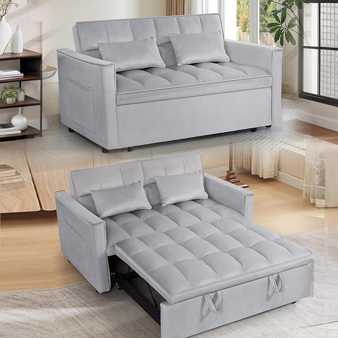 3 in 1 Convertible Sleeper Sofa Futon BedModern Velvet Pull Out Couch Bed with Reclining Backrest&amp2 Pillows54 Full Size Small Love Seat Lounge Couches for Small SpacesLiving Room (Silver grey)