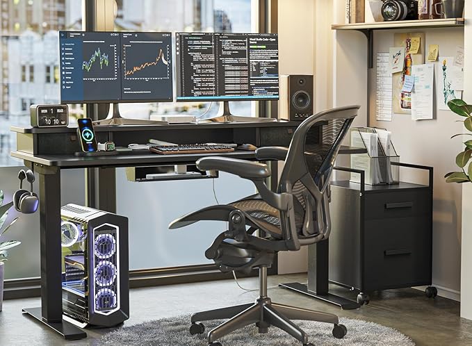 FEZIBO 63 x 28 Inch Deeper Height Adjustable Electric Standing Desk with Double Drawers Sit Stand Up Home Office Computer Desk with 4 Height-Adjustable Feets &amp 2 Hooks Black Frame/Black Top
