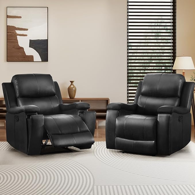 CANMOV Manual Recliner Chair Set of 2 Classic Faux Leather Recliner Chair with Overstuffed Arms and Back Manual Single Sofa with Concealed Cup Holders Black