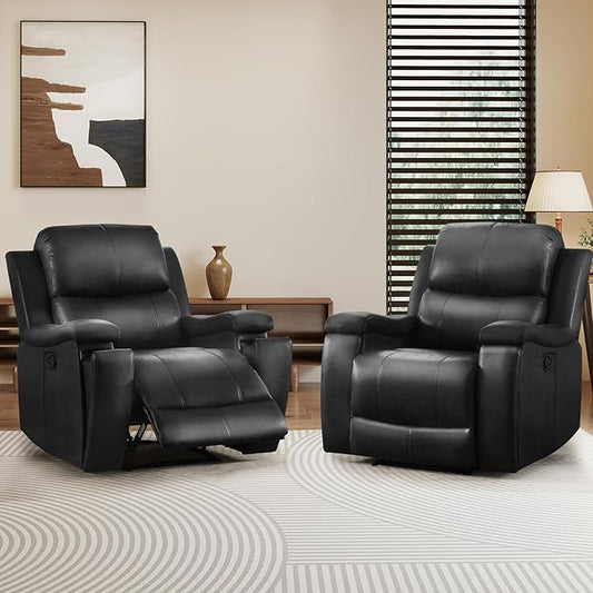 CANMOV Manual Recliner Chair Set of 2 Classic Faux Leather Recliner Chair with Overstuffed Arms and Back Manual Single Sofa with Concealed Cup Holders Black