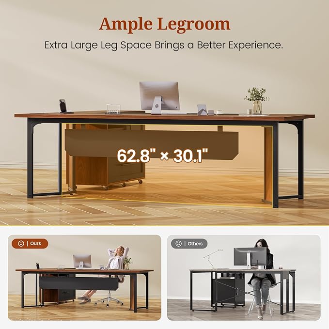 63 Executive Desk with Mobile File Cabinet Large Office Desk with Drawer Modern L Shaped Desk with Power Outlets Storage Shelves Corner Computer Desk Business Workstation Set (Walnut)