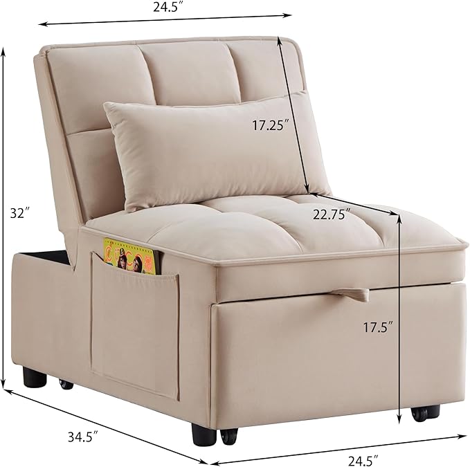 Multi-Function Convertible Single Sleeper Sofa Bed with Storage PocketsVelvet Tufted Pull-Out Couch Bed 4in1 W/Adjustable Backrest &amp PillowsChaise Lounge for Living RoomSmall SpaceTaupe