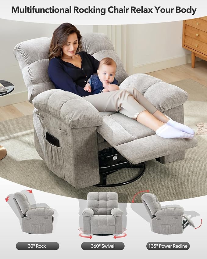 Oversized Swivel Rocker Recliner Chair for Adult360° Swivel Rock Recliner Extra Wide Manual Recliners Chenille Upholstery Overstuffed Soft Rocking Sofa ChairGray