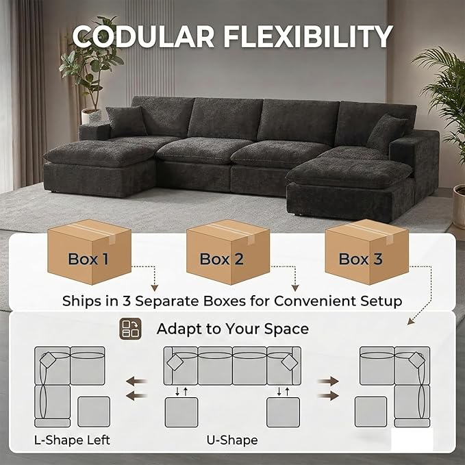 Luxury Modular Sectional Sofa with 2 Ottomans 6-Piece Oversized Cloud Couch Black Chenille Fabric Boneless Sofa for Living Room &amp Bedroom | Boneless Couch Chenille Fabric Sectional Sofa