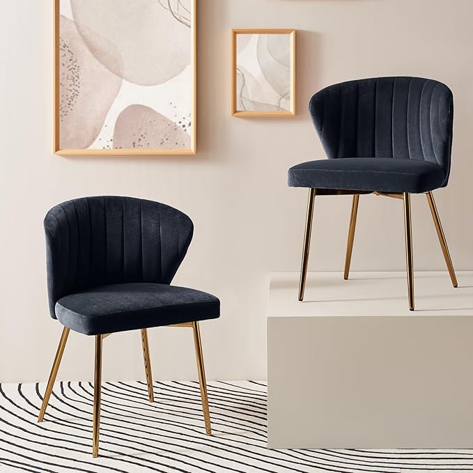 HULALA HOME Dining Chairs Set of 2 Velvet Upholstered Kitchen &amp Dining Room Chairs with Metal Legs Vanity Chair Armless Side Chairs for Living Room Bedroom Restaurant Channel Curved Backrest Bla