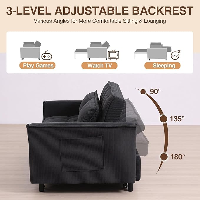 3 In 1 Corduroy Convertible Sofa BedPull Out Couch Bed with Reclining Backrest And 2 Pillows 54 Full Size Loveseat Sleeper Sofa Futon Couch Bed Couches For Small Spaces Living Room (Dark Grey)