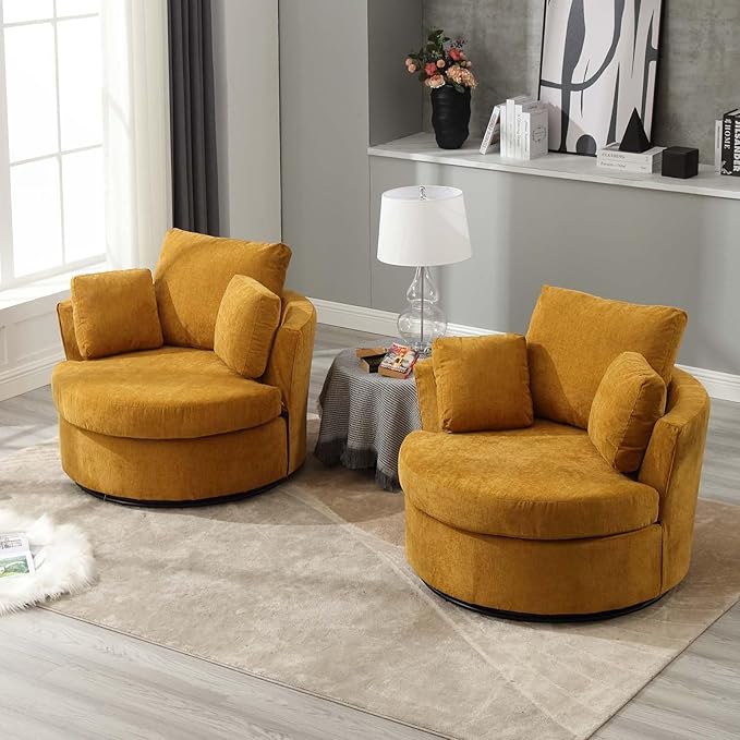 Swivel Barrel Chair Modern Fabric Oversized 360 Degree Club Accent Arm Chairs Single Round Living Room Sofa Chair w/ 3 Pillows for Nursery Bedroom Reading Office Yellow