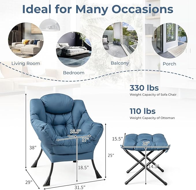 KOMFOTT Lazy Chair with Ottoman Leisure Upholstered Reading Sofa Chair with Armrests &amp Side Pocket Modern Lounge Accent Chair with Folding Footrest for Living Room Bedroom Balcony Blue