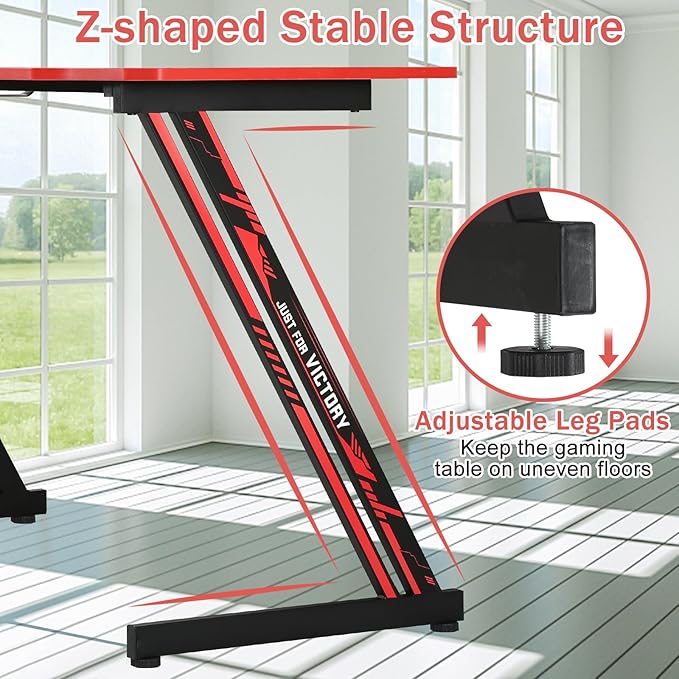 47 Inch Modern Gaming Desk for Home Office Z Shaped Computer Desk for Teen Large PC Gaming Table Adjustable Feet with Headphone Hook &amp PVC SurfaceRed