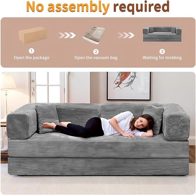 79 Inch Convertible Sofa Bed Couch in Box 5 in 1 Folding Modular Boneless Couch with Pull Out Bed 2 Pillows Soft Corduroy Floor Futon Lounge Loveseat Sleeper Lazy Cama No Assembly Light Grey