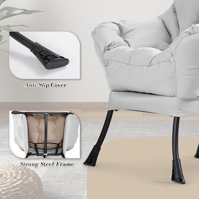 Athena Collection Lazy Lounge Chair with Ottoman Modern Soft Reading Arm Chair for Adults Comfy Sofa Armchair with Footrest and Side Pocket for Corner Living Room Bedroom Small Space Grey