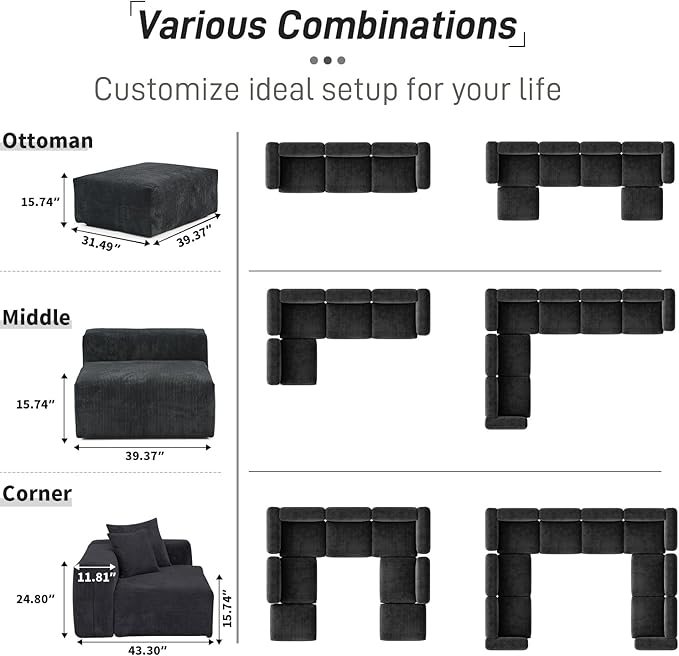 141.73 Modular Sectional Sofa Slipcovered Corduroy U Shaped Sofa Couch with 2 Ottomans5 - Piece Convertible Sectional with 5 PillowsCushion Covers Removable&amp Washable (Black)