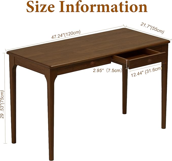 Natural Solid Wood Desk with Drawers Mid Century Modern Real Wood Writing Desk Home Computer Office Desks for Work Standing Desk for Bedroom Small Spaces (Walnut Color 47.24×22.05(120×56cm))