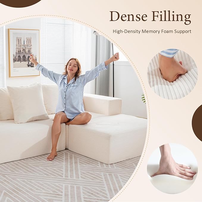 INGEROOM 108 Cloud Sectional Couch with L-Shape Chaise Modular Sofa Memory Foam Boneless Sofa with Movable Ottoman Upholstered Couches for Living Room Bedroom No Assembly Required Beige
