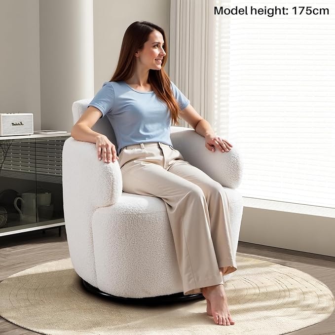 Small Swivel Accent Chair 360°Barrel Boucle Round Modern Armchair Tufted Upholstered Single Sofa Chair with Adjustable Headrest Living Room for Bedroom Office Teddy Sherpa Ivory