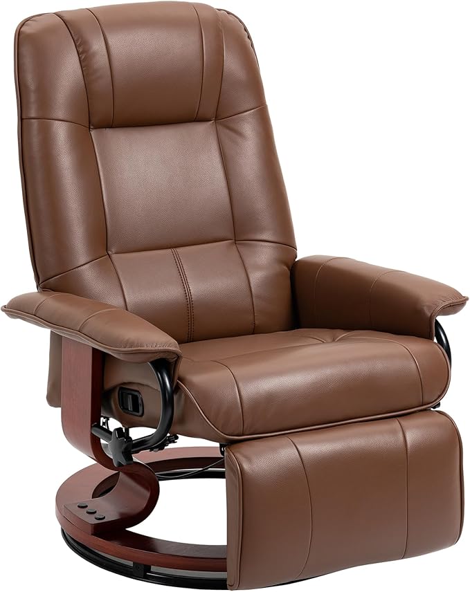 HOMCOM Faux Leather Manual Recliner Adjustable Swivel Lounge Chair with Footrest Armrest and Wrapped Wood Base for Living Room Brown