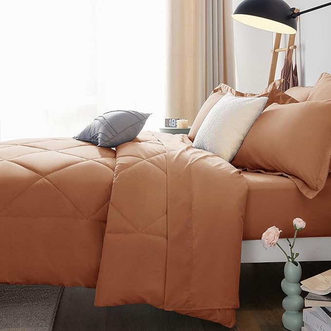 CozyLux Queen Comforter Set Pumpkin - Bed in a Bag Queen Size 7 Pieces Luxury Soft Bed Set for All Seasons Bedding Set with Down Alternative Comforter Sheets Pillowcases &amp Shams