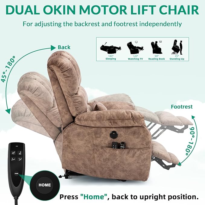 VIVIJASON Tall Man Large Dual Motor Power Lift Recliner Chair with Extended Footrest Overstuffed Lay Flat Sleeper Electric Recliner W/Heat &amp Massage Lumbar Pillow USB &amp Type-C Ports Plush