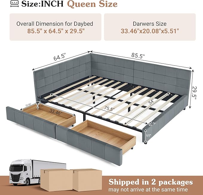 Queen Corner Bed Frame with Storage Drawers Modern Velvet Upholstered Sofa Day Bed Frame with Wood Slats for Living Room Bedroom Guest Room No Box Spring Needed Grey