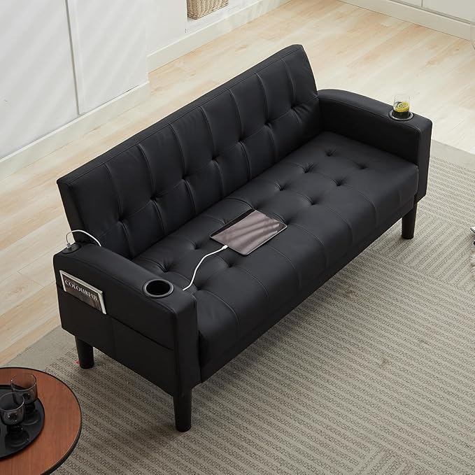 TYBOATLE Sofa Couch 62 W Loveseat w/ 2 USB Charger Ports &amp 2 Cupholders Mid-Century Modern Black Faux Leather Tufted Small Love Seat Couches for OfficeCompact Living RoomBedroomApartmentDorm
