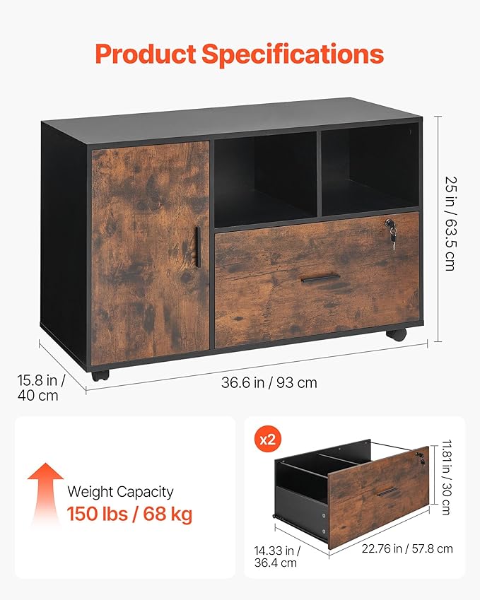 VEVOR Wood File Cabinet Mobile Filing Cabinet with Open Shelves Lockable Lateral Rolling File Storage with Adjustable Shelves Free Standing Printer Stand for Home Office School Rustic Brown