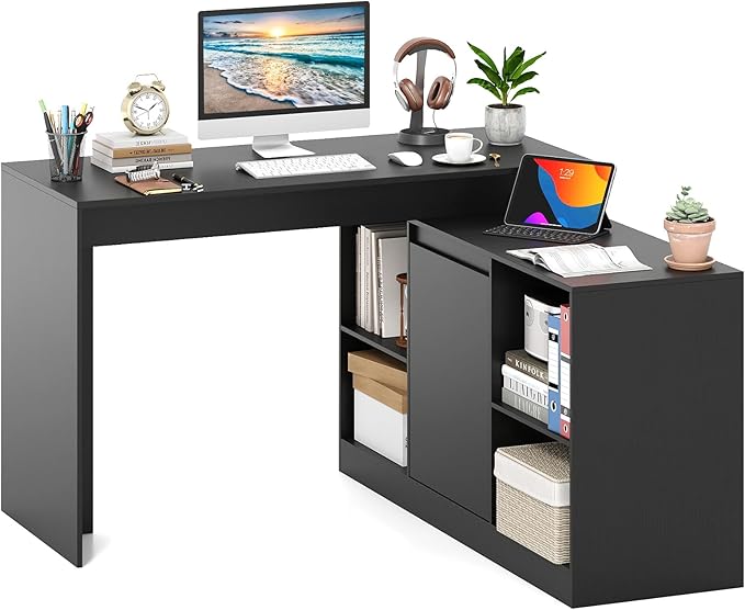 Giantex 48 Reversible L-Shaped Computer Desk Modern Corner Computer Workstation with 2 Doors &amp 4 Open Storage Cubes Large Executive Desk for Home Office White/Black (Black)