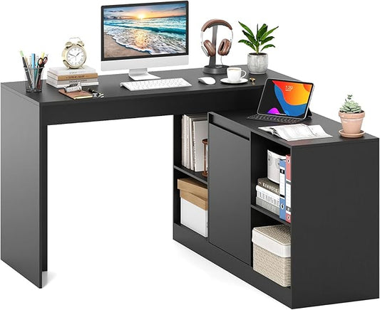 Giantex 48 Reversible L-Shaped Computer Desk Modern Corner Computer Workstation with 2 Doors &amp 4 Open Storage Cubes Large Executive Desk for Home Office White/Black (Black)